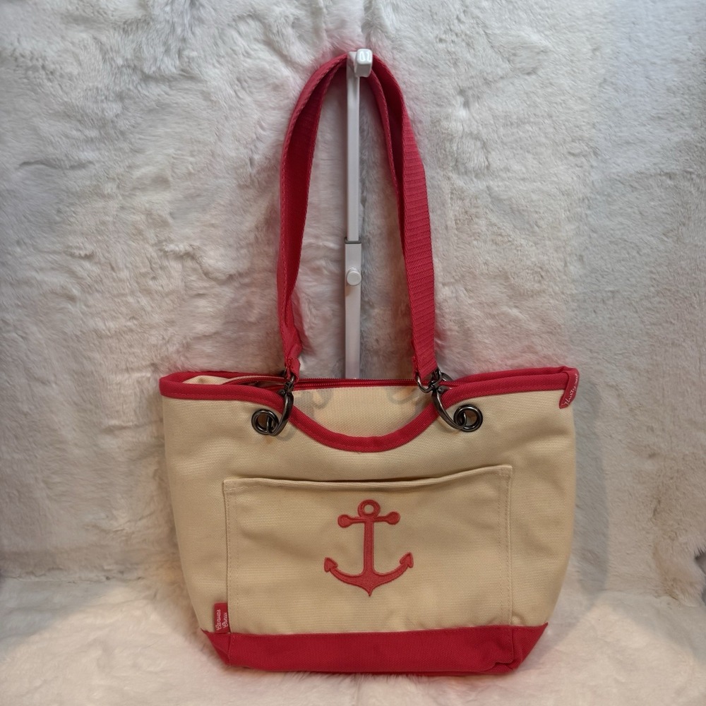 Thirty-One Canvas Crew Mini Thermal Lunch Bag Natural w/ Pink Anchor Embroidery